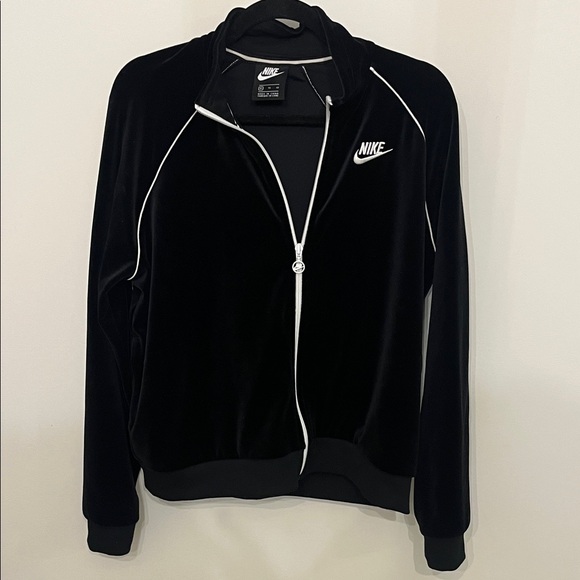 Nike Tops - Nike Women's Black Velour Zip-Up Sweatshirt with White Accents